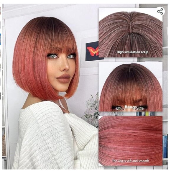 Mupul Ombre Pink Bob wig with Bangs 12" - Picture 3 of 7